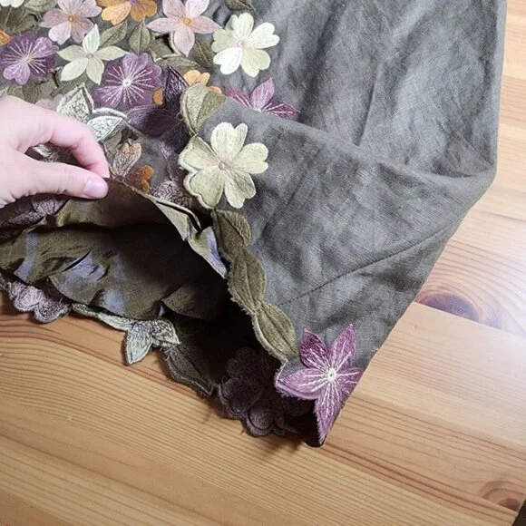 Green Floral Emboirdered Midi Dress Fairy Goblincore Whimsical Artsy Sleeveles S - Picture 10 of 12